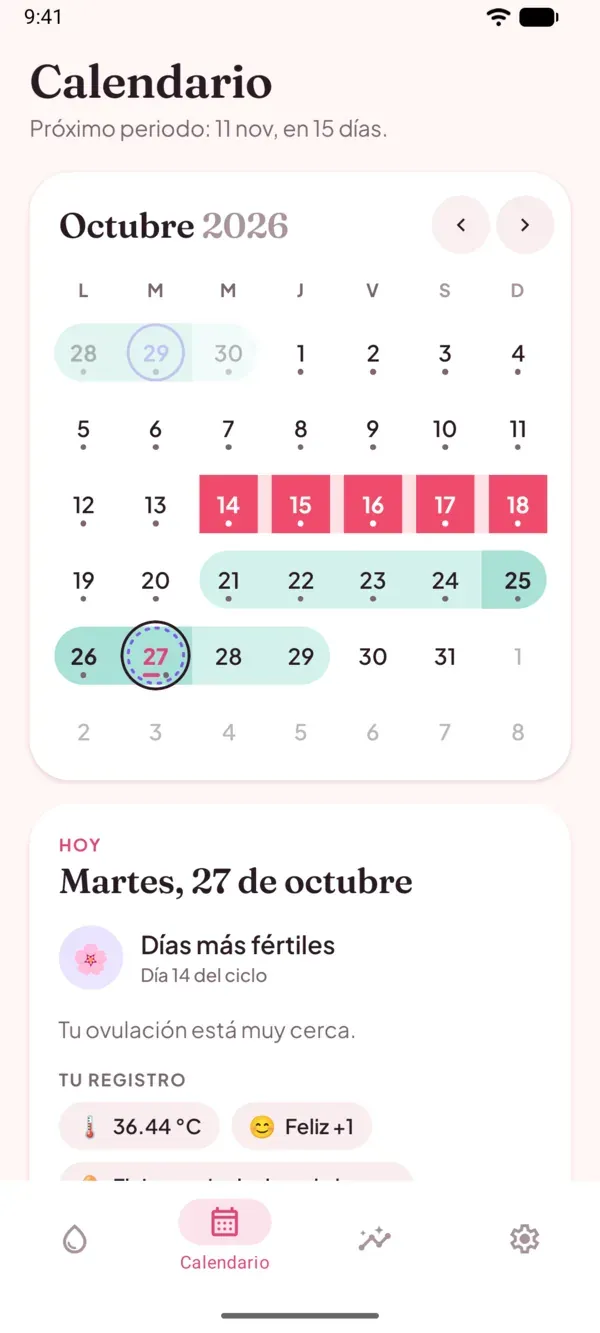 Pantalla Calendario de Fertimia: octubre con los días de periodo en rosa y la ventana fértil en verde.
