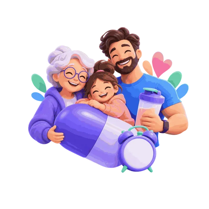 Ilustración de una abuela, una niña y un papá abrazando una cápsula gigante junto a un despertador.
