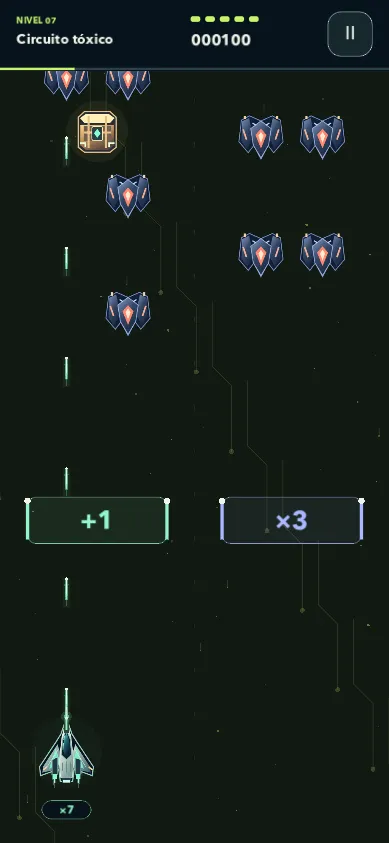 Partida real con naves enemigas, un cofre y puertas de mejora +1 y ×3