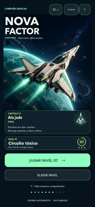 Menú real de NovaFactor con nave, capítulo y selección de nivel