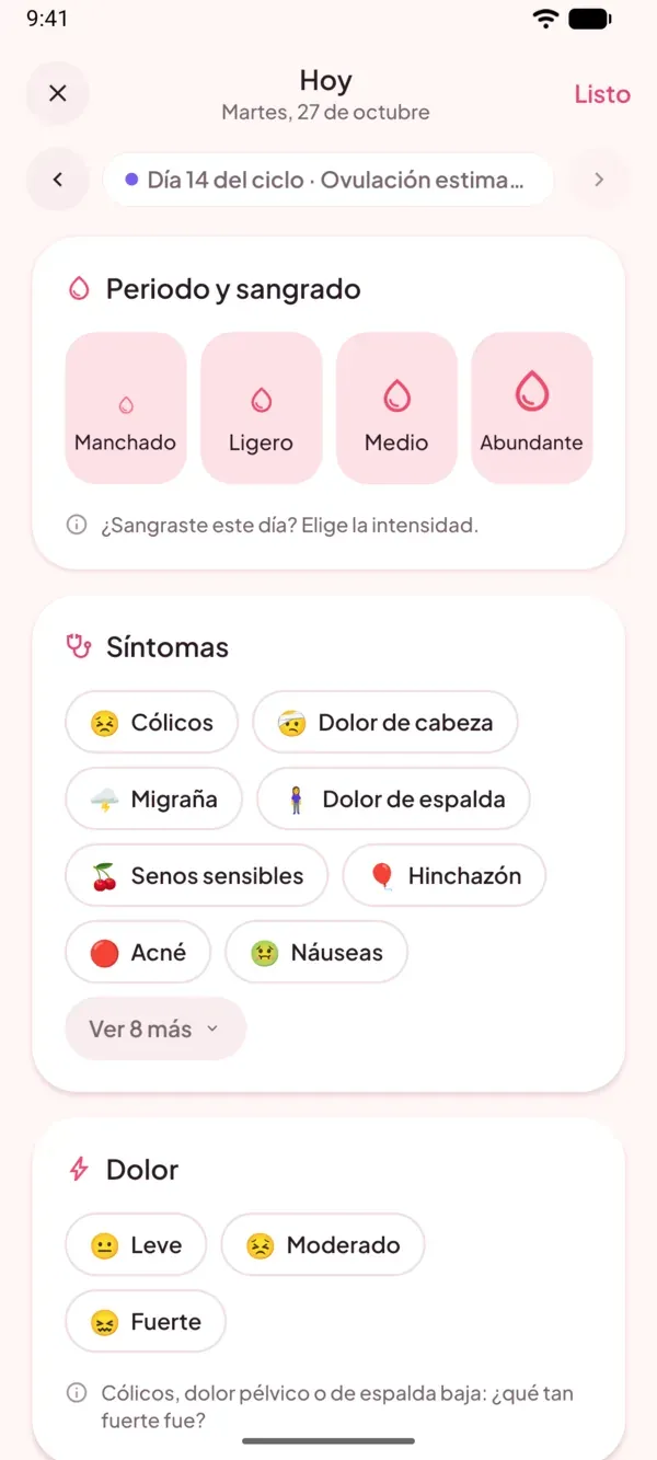 Registro del día en Fertimia: intensidad del sangrado, síntomas y dolor.